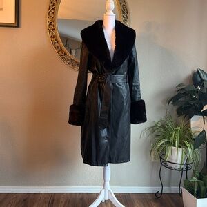 Lioness Black Leather Coat with Faux Fur Trim